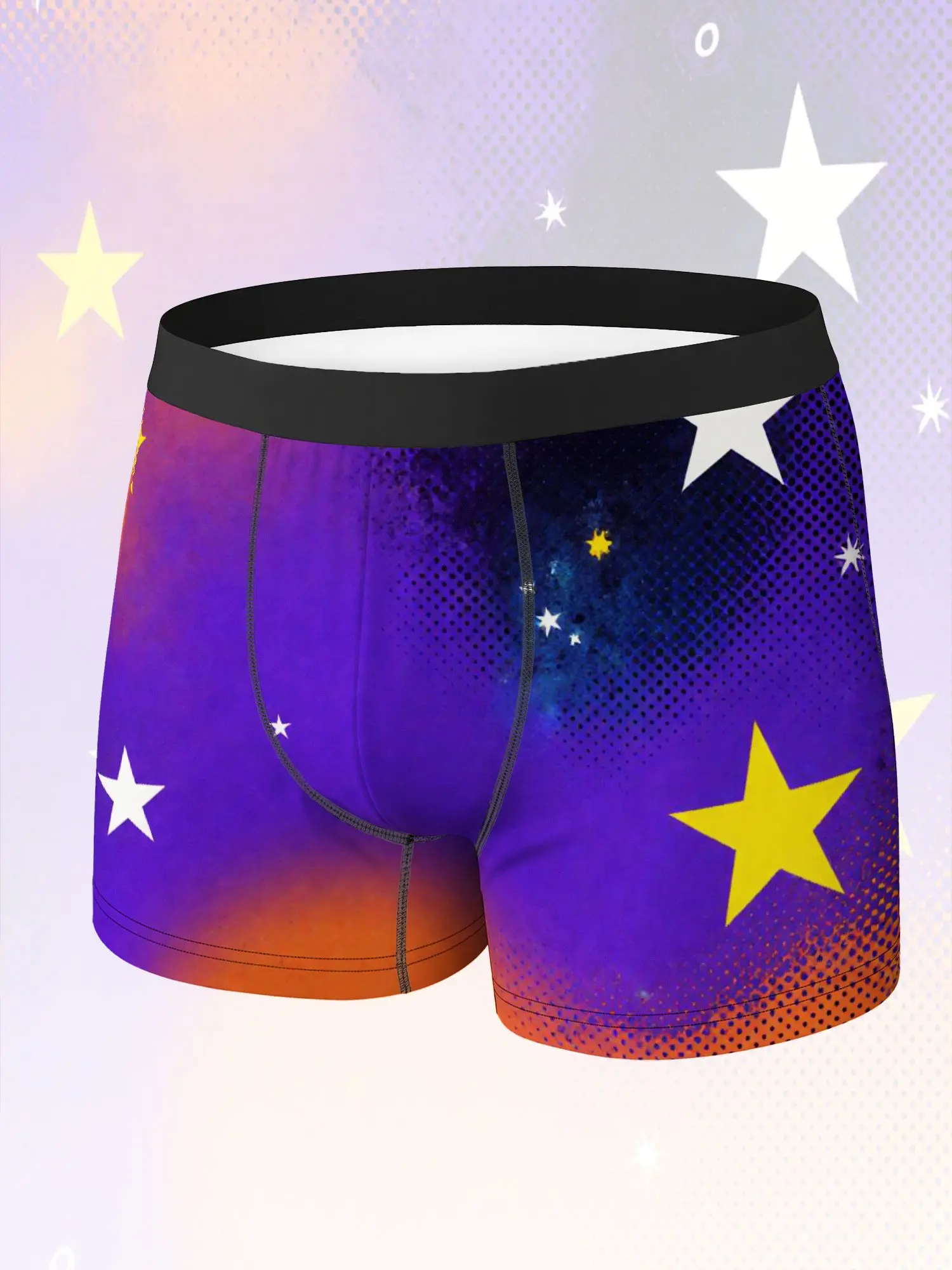Men'S Boxer Briefs | Cosmic Starry Night Pattern with Purple to Orange Gradient, Black Waistband Front Seams Playful Space