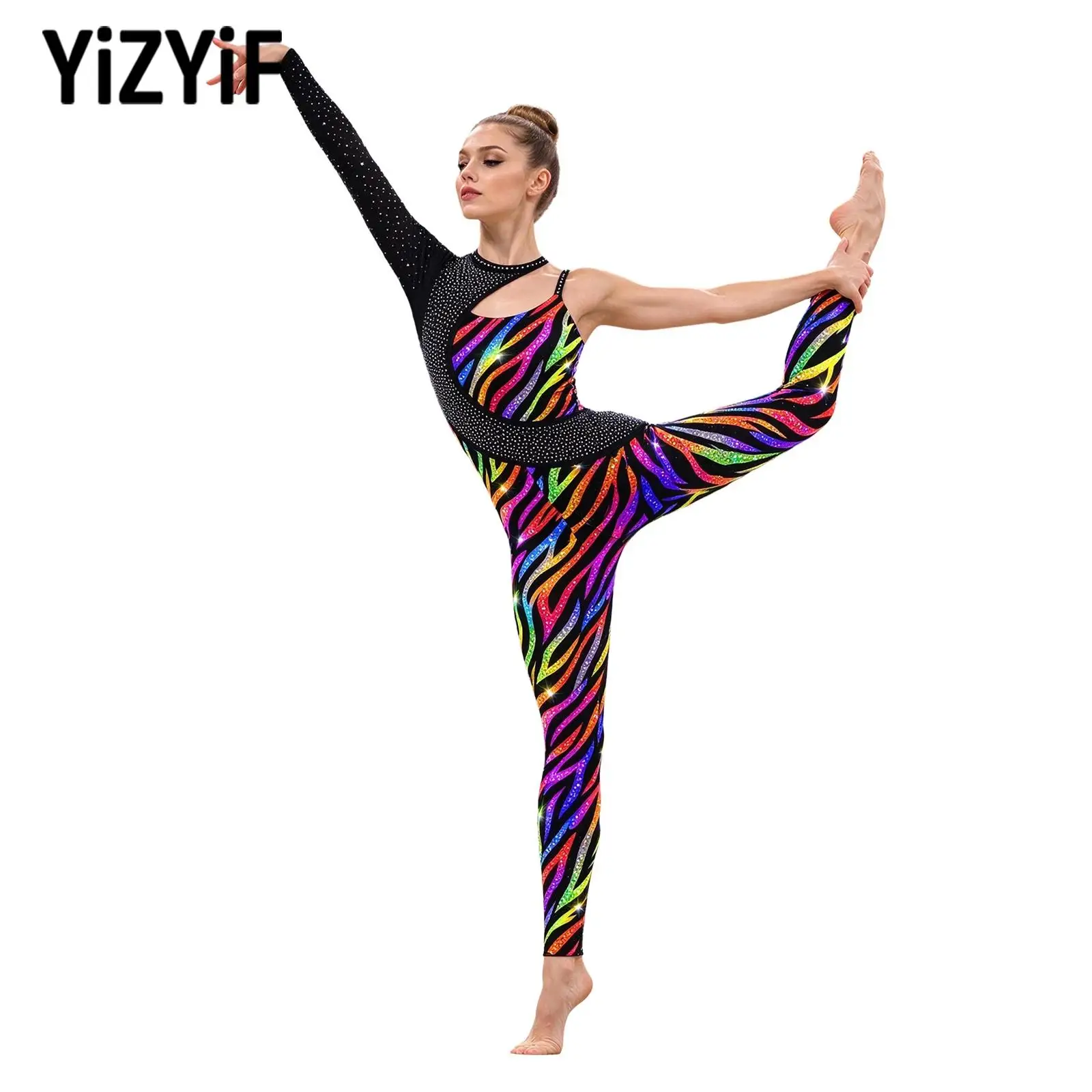 Women Shiny Rhinestone Printed Asymmetrical Bodysuit Full Length Jumpsuit for Gymnastics Dance Competition Stage Performance
