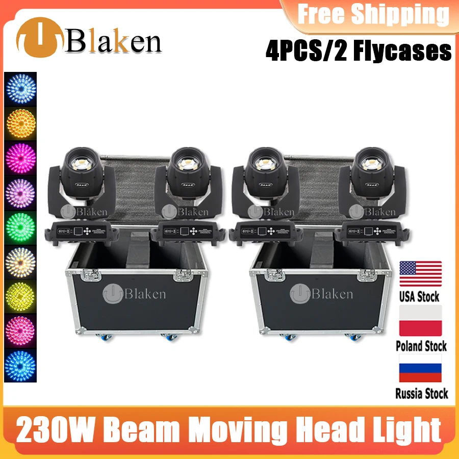 Moving Head Lighting com Flight Case, Feixe, DJ, Disco, Casamento, Night Club, Luz de Palco, Nova Atualização, Super 230W, 7R, 4Pcs