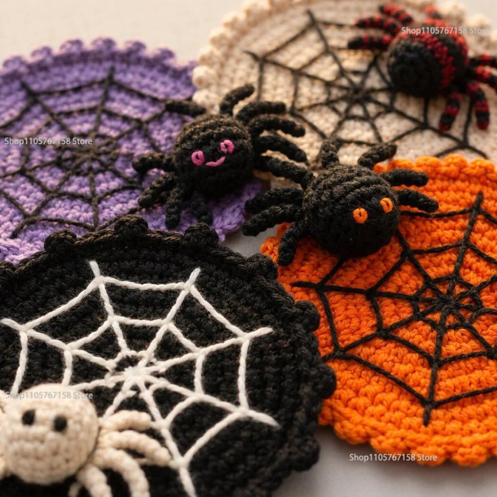 2026 4pcs Halloween Spider Web Coaster Handmade Gothic Style Bizarre Home Decoration Coffee Table Accessories