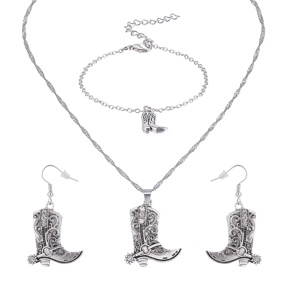 Western Cowboy Boots Hats Earrings Necklaces Jewelry Set Sparkly Rhinestone Tassels Cowgirl Earrings Boots Hats with Pendants