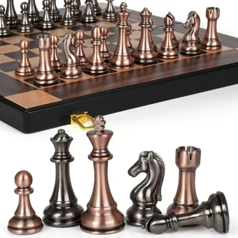 

15-Inch Metal Chess Set for Home Travel: Foldable Wooden Board, Metal Pieces, Black Gold, Elegant Portable Design with Storage