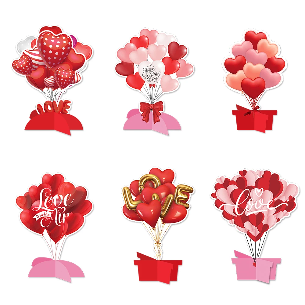 6pcs Valentines Day Table Decorations Heart Love balloon Paper card Table Centerpiece Signs Valentines Wedding Party Supplies