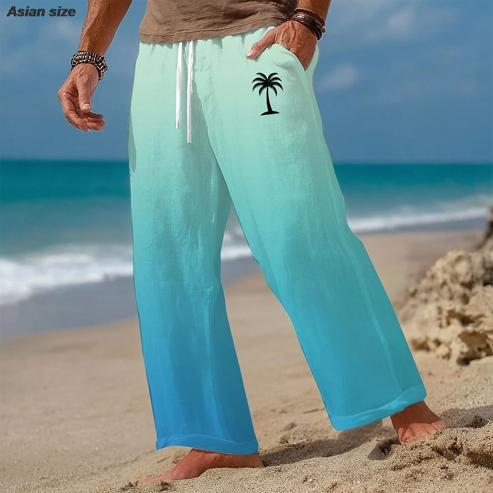 Men's Coconut Tree Gradient Color Tropical Plants Trousers Baggy Pants Casual Pants Mid Waist Hawaiian Vacation Beach Wear Pants