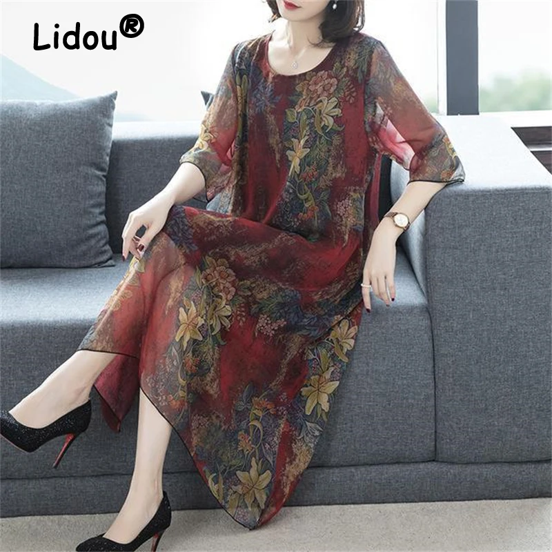 

Retro Printed Dresses for Middle Aged Women Autumn Summer Chiffon Casual Female Loose Fashion Oversize 5XL Midi Dresses Vestidos