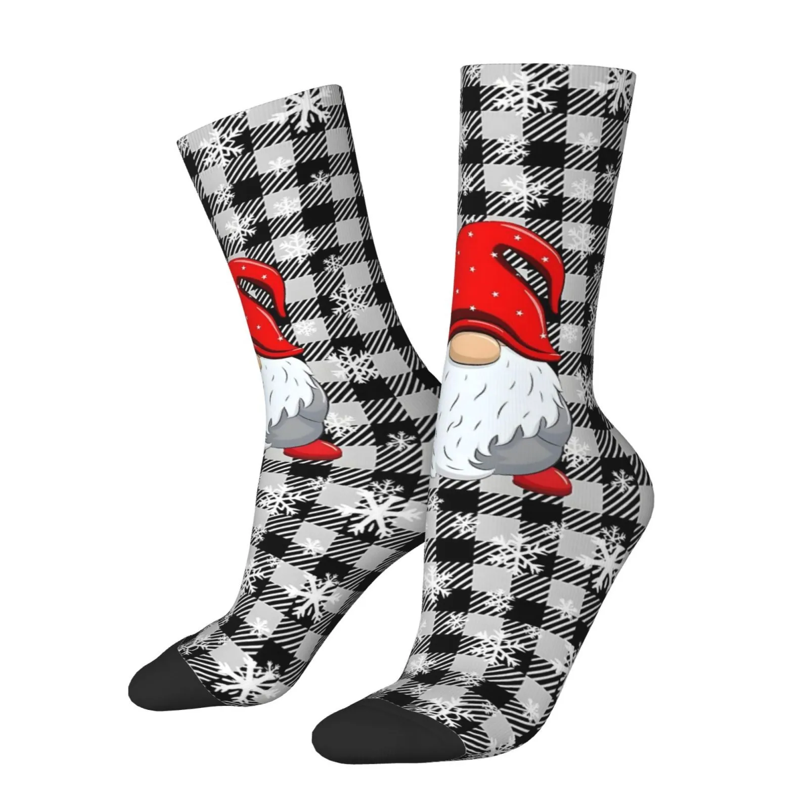 Christmas Gnome Buffalo Plaid Crew Socks 1 Pair Novelty Breathable Durable Casual Holiday Socks