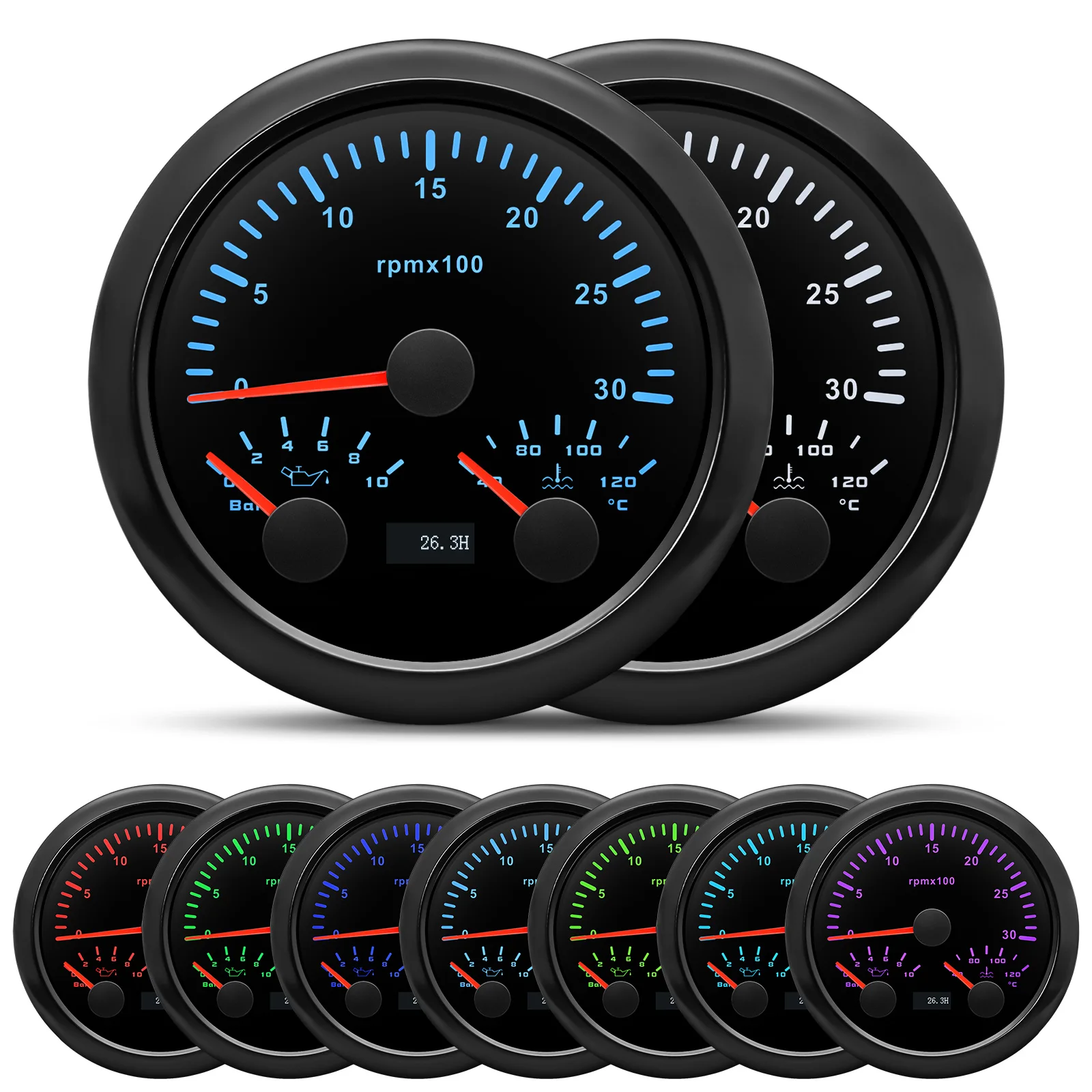 

7 Colors 85mm 3 in 1 Tachometer 3000 4000 6000 7000 8000 RPM with Oil Pressure Gauge Water Temp Meter For Car Boat Yacht