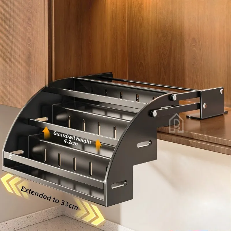 Integrated Stainless Steel Lift Up Cabinet Basket Triple Deck Adjustable Spice Holder One Forming Broad High Heavy Load Use Plus