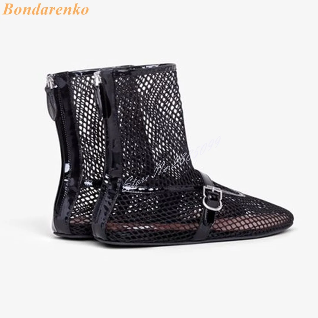 Mesh hohle Sandalen Stiefel runde Zehen flach mit Schnallen Sommer Frauen Schuhe lässig Party zurück Reiß verschluss solide neuen Stil Designer Schuhe