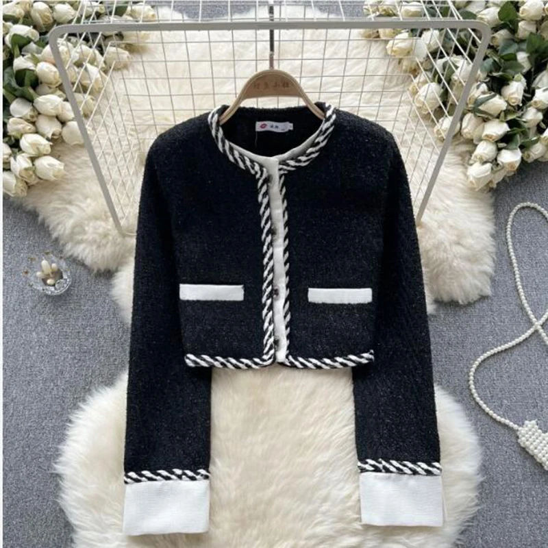 Autumn Tweed Short Jacket For Women's Autumn Winter Coarse Woolen Coat Splicing Blocking Long Sleeve Outerwear