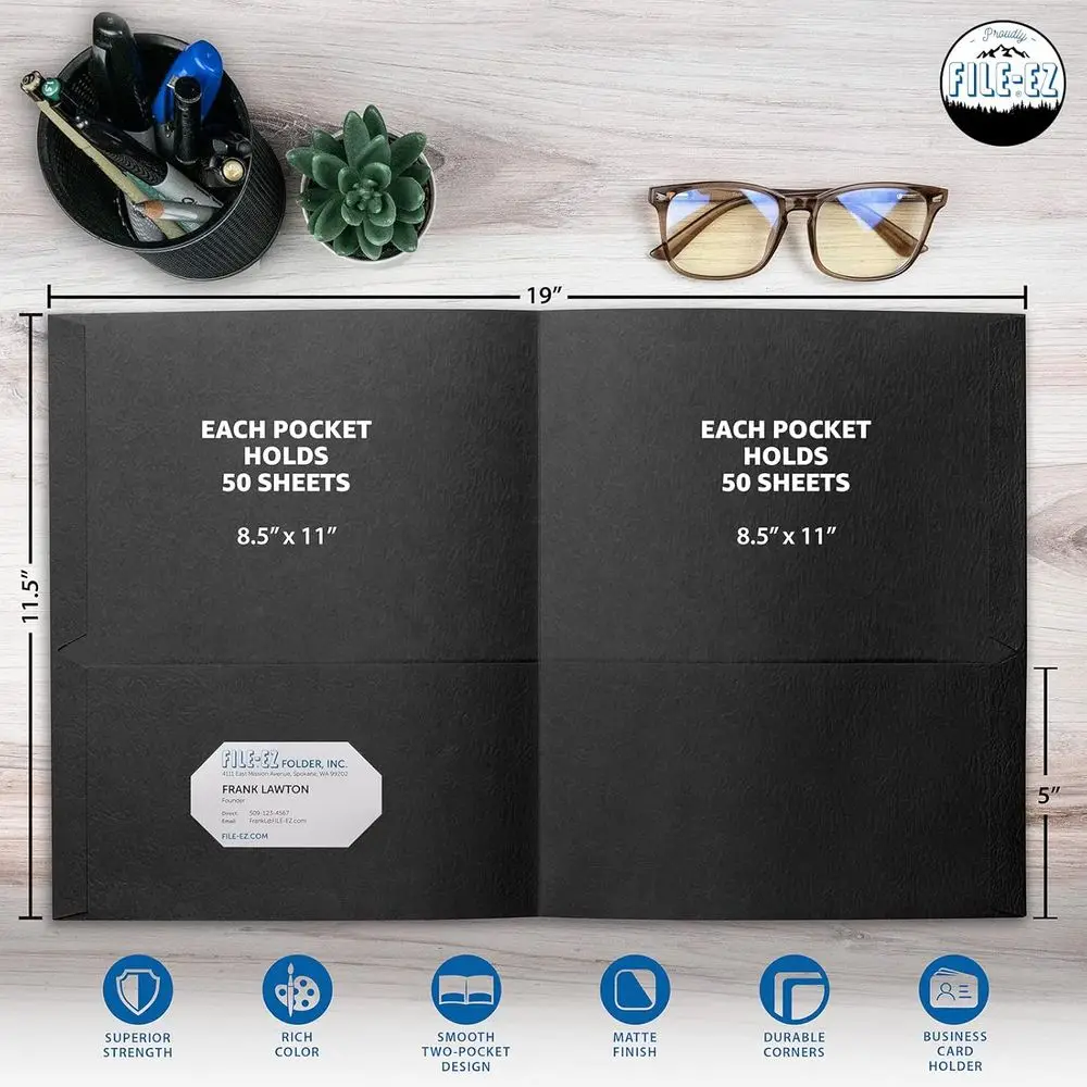Pastas de dois bolsos pretas tamanho carta de papel texturizado, pacote com 125