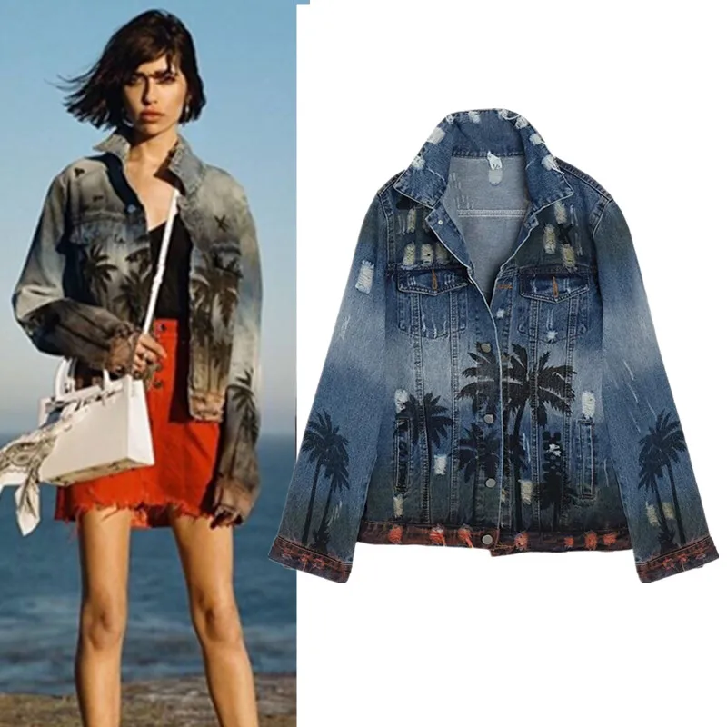 

Unisex Spring Autumn Runway Denim Jacket Women Beach Couples Print Coats Jeans Ripped Holes High Street Cool Rock BF Coats NZ165