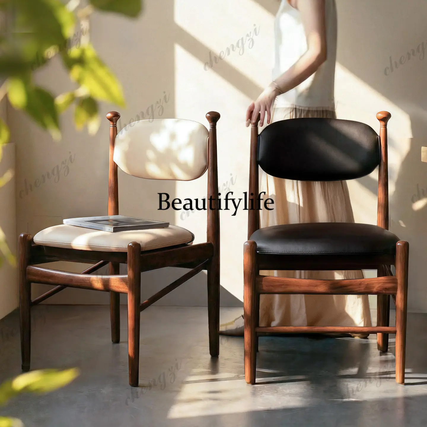 Black walnut solid wood dining chair retro, backrest soft bag leather, household French comb makeup stool