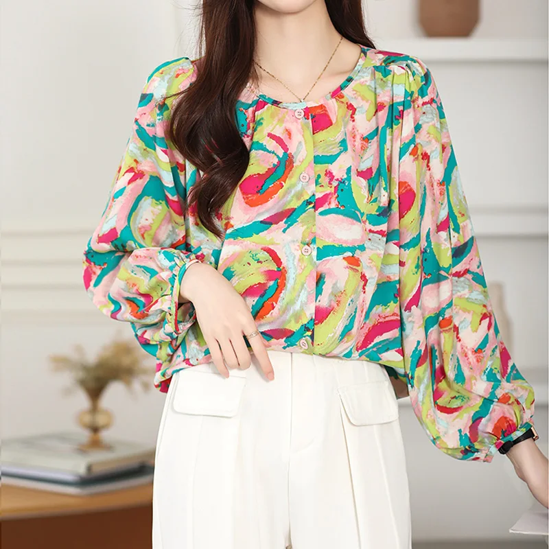 

Pink Printing Chic Office Lady Chiffon O-Neck Puff Sleeve Loose Women's Blouse Shirt Korean Fashion Female Clothing Tops 2025