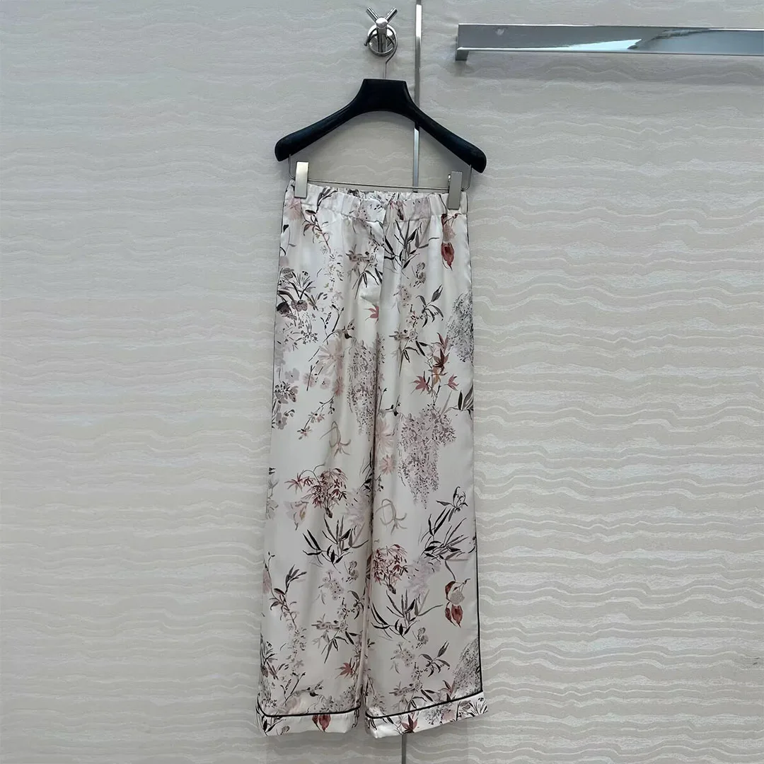 

Высококачественные женские брюки из 100% шелка с цветочным принтом и растительным принтом, новинка 2023 года, осенние свободные повседневные брюки с высокой талией и пуговицами на эластичной резинке