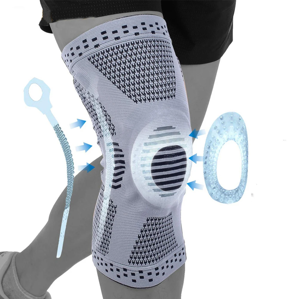 Ginocchiera per menisco rotuleo Stabilizzatore in silicone Supporto per compressione Corsa Basket Allenamento in palestra Cinghia sportiva protettiva