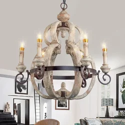 French Solid Wood Vintage Craft Rustic Light Chandelier Hanging Wooden Lamp for Living Dining Room Bedroom Kitchen House Decor
