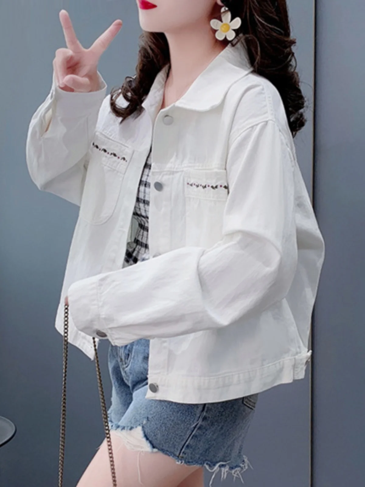 

Sweet Pink Embroidered Denim irt Jaet Women's Spring Autumn Faion Outerwear Loose Fit Long Sve Button up ort Coat