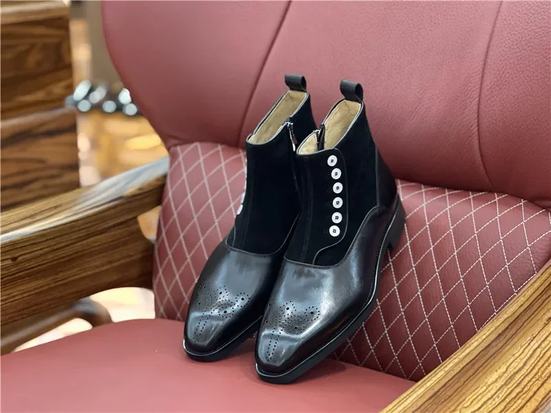 Italy Autumn Winter Italian Men\'s Knight Button Boots Square Toe Chelsea Boots Formal Carved Men Ankle Shoes