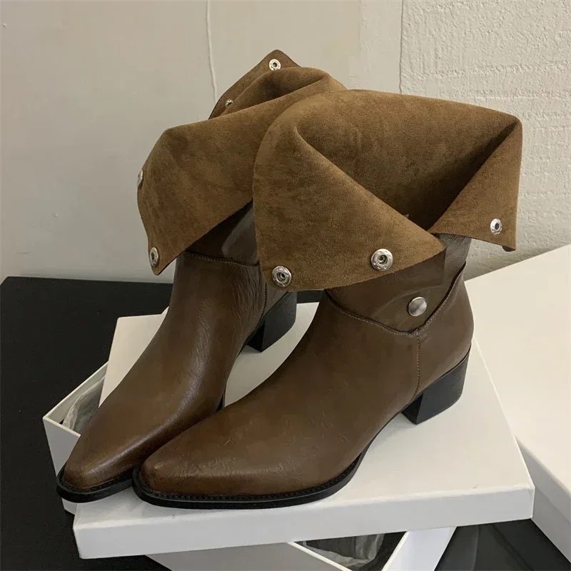 2025 New Fashion Pointed Toe  Ankle Boots Women Square Low Heels Buckle Strap Fold Short Booties Autumn Winter Shoes