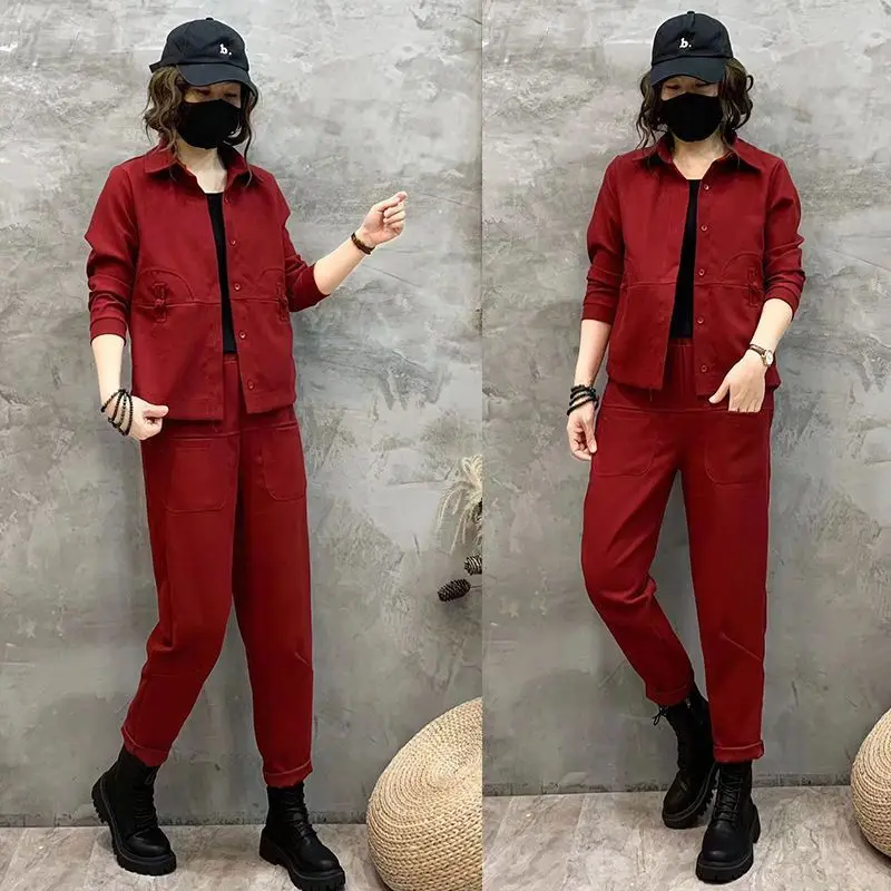 Fashion and Casual Women's Set Autumn and Winter Solid Color Shirt Casual Pants Age Reducing Elegant Women's Two-piece Set