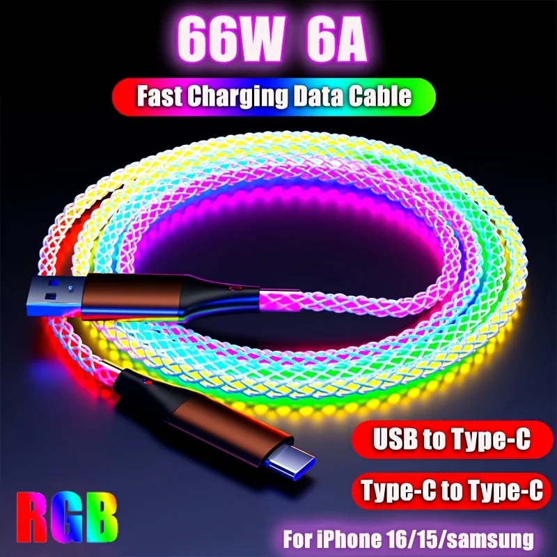 

Type-C/USB to Type-C Fast Charging RGB Breathing Cable for iPhone 16/15 Samsung S23 S22 Xiaomi 14 13Pro K60
