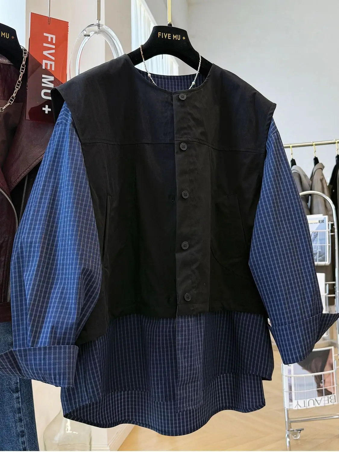 

Loose Plaid irt Women's plus Size Spring Autumn Buttoned Splicing Design Comfortable Slimming Top for Heavy Girls