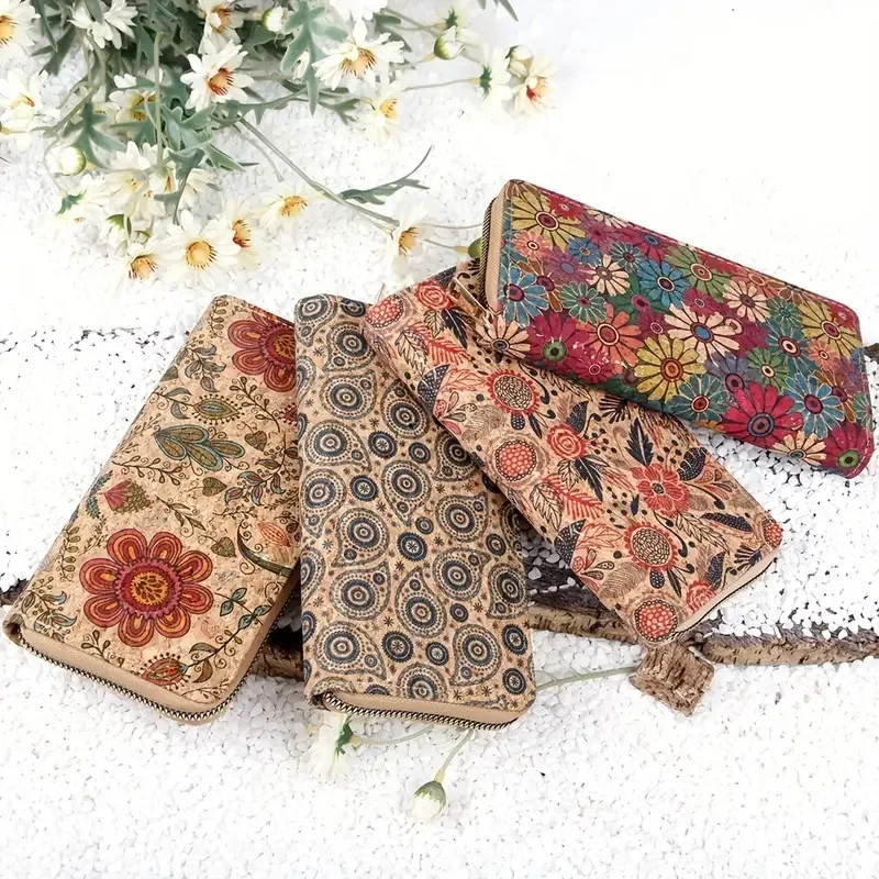 

5pcs Wallets Women Cork Leather Floral Printing Multifunctional Long Credit Card Holder Mix Color