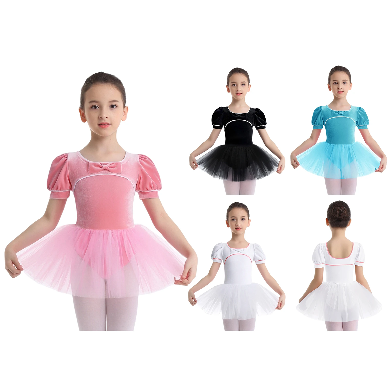 Robe Tutu de danse de Ballet pour filles, manches bouffantes, robes en Tulle de velours, patinage artistique, justaucorps de gymnastique, Costume d'entraînement de Yoga