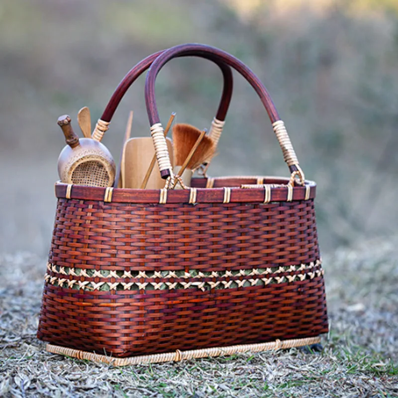 Saco De Cesta De Tecido De Bambu Artesanal Para Mulheres, Bolsa De Moda Retro, Saco De Praia De Verão