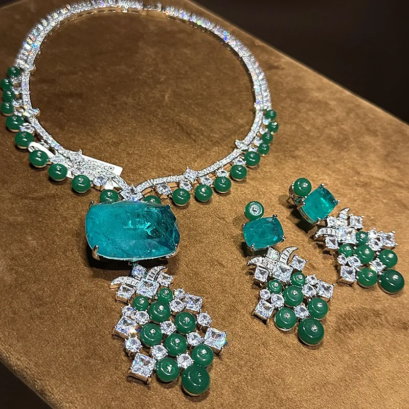 

Женский зеленый большой циркон с цветком, кулон, квадратная цепочка, ожерелье, серьги, комплект