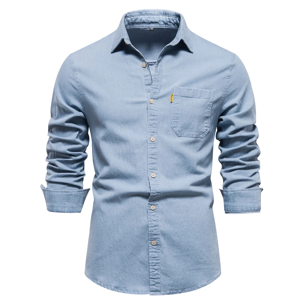 

2026 AIOPESON Autumn New Cotton Men's Denim Shirt Solid Color Single Pocket Casual Long Sleeve Shirt Autumn Jeans Shirt for Men