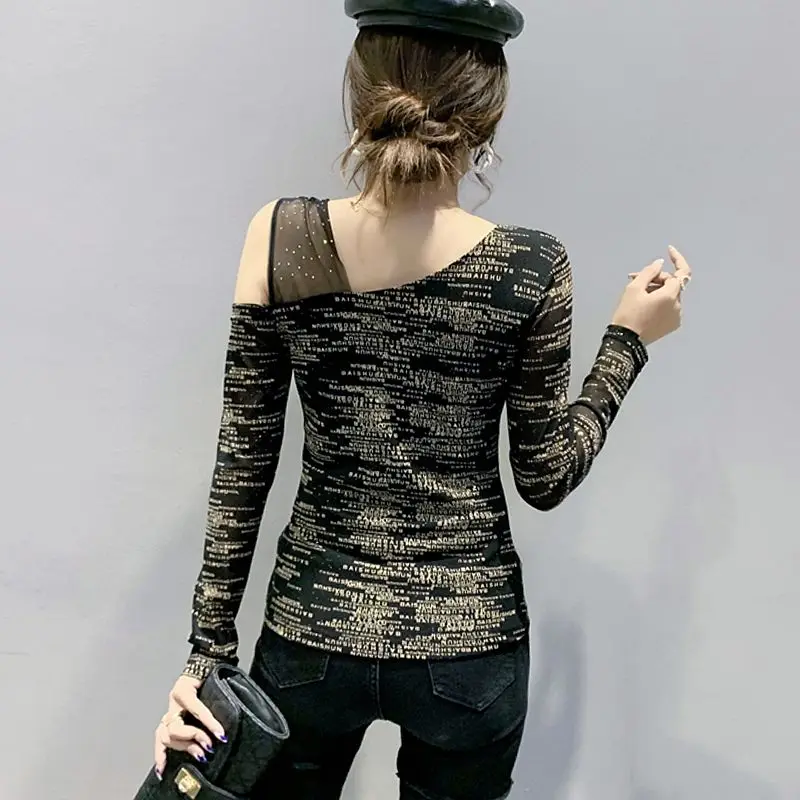 Primavera outono carta leopardo coreano selvagem topos feminino magro sexy pullovers feminino skew colarinho manga longa y2k retalhos t-shirts