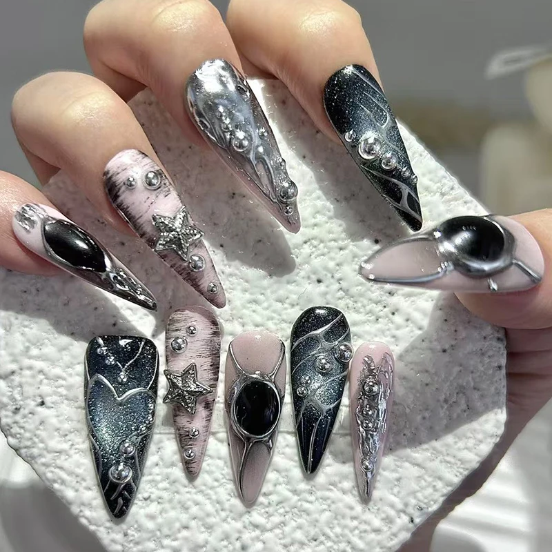 

10 Pieces Y2K Metallic Punk Style Handmade Press On Nails Black Pink Heavy Metal Spice Girls Fake Nails Removable Reusable