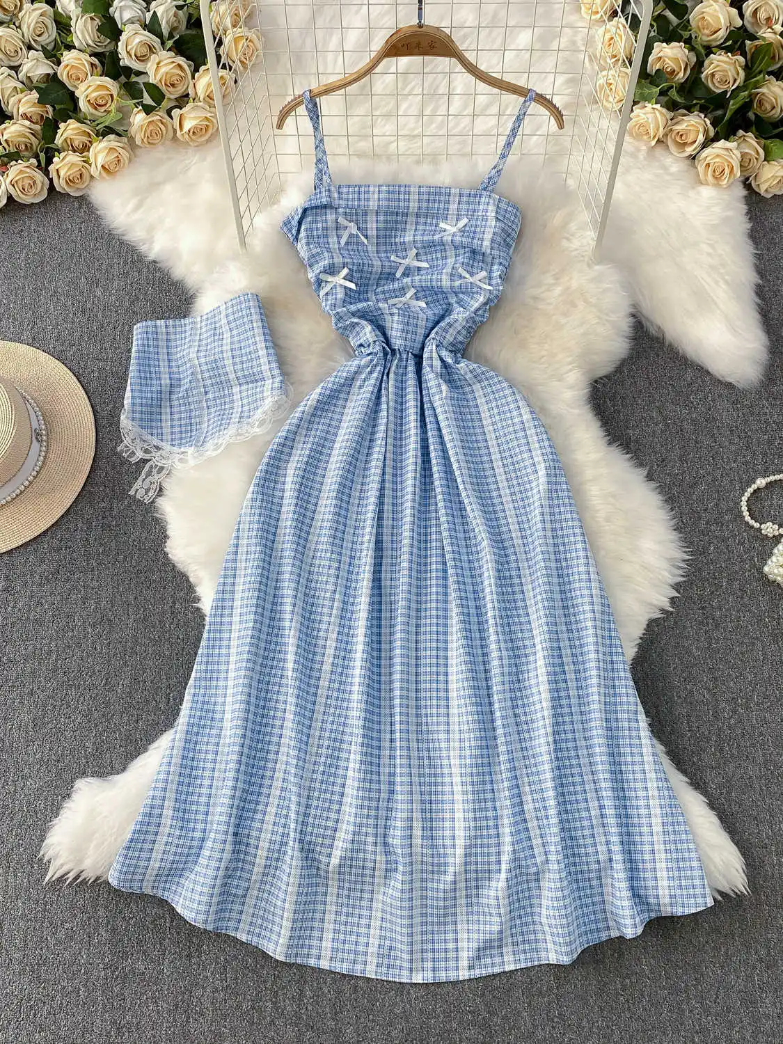 

Женское синее полосатое платье с бантом во французском стиле, элегантное винтажное длинное платье трапециевидной формы Y2k, сарафан с открытыми плечами, одежда Cutecore, летняя одежда