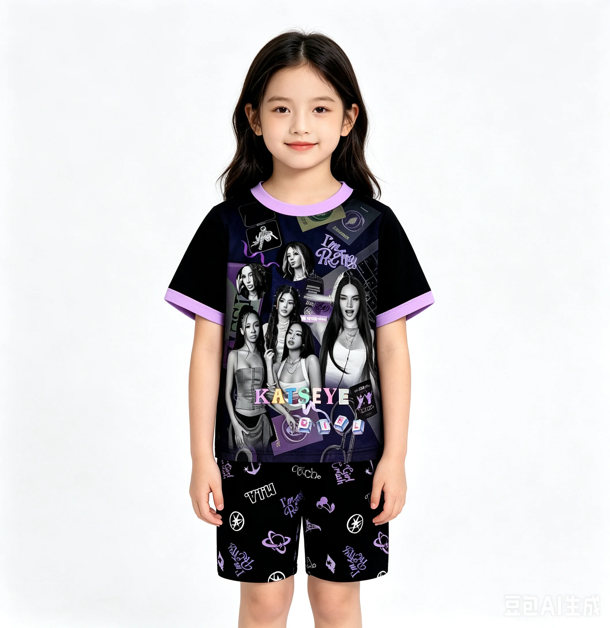 Kpop KATSEYE Cartoon Print Girls Pyjamas Set Pjs Outfit Nightwear Short Pants&Short Sleeved Top Sleepwear Kids Homewear Age 6-13