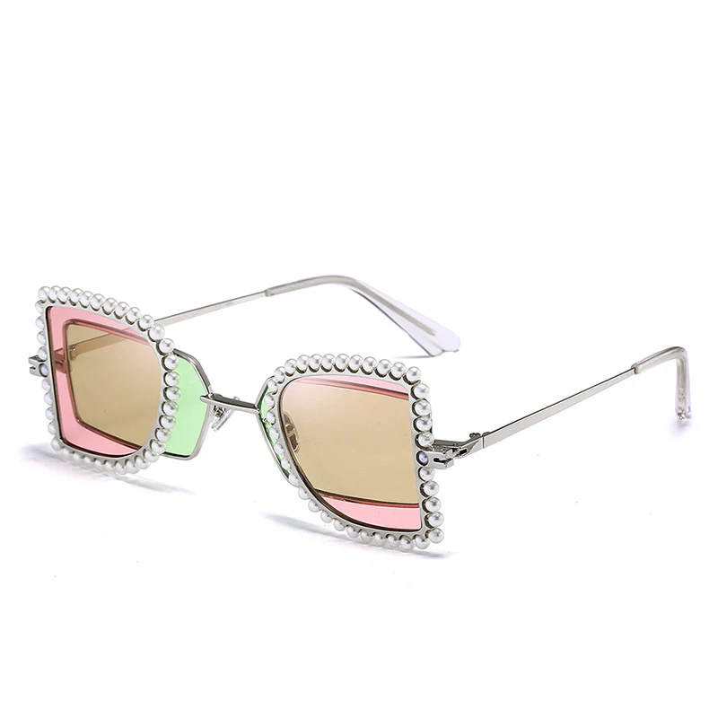 New Fashion Trend Style Glasses Women Square Sunglasses Personalized Handmade Diamond Metal Silver Frame Inner Green Outer Pink