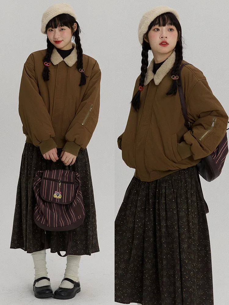 

VOUSALME Winter ort Cotton Jaet Women's Casual Lamb Fur Collar Patchwork Warm Outerwear Straight Cut Nylon Fabric