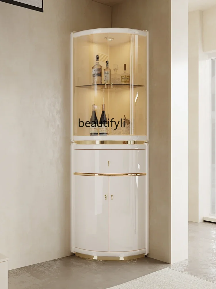 Living room cream wind corner wine cabinet, light luxury high-end triangular cabinet corner locker glass display cabinet