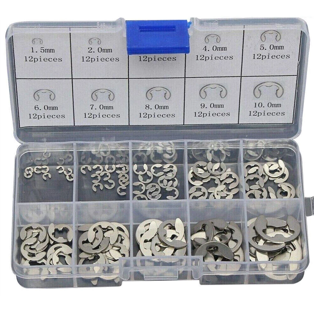 120Pcs E-Clips C Clips Stainless Steel Kit Retaining Ring Snap Internal Circlip Ring Assortment Kit Assorted 1.5mm To 10mm