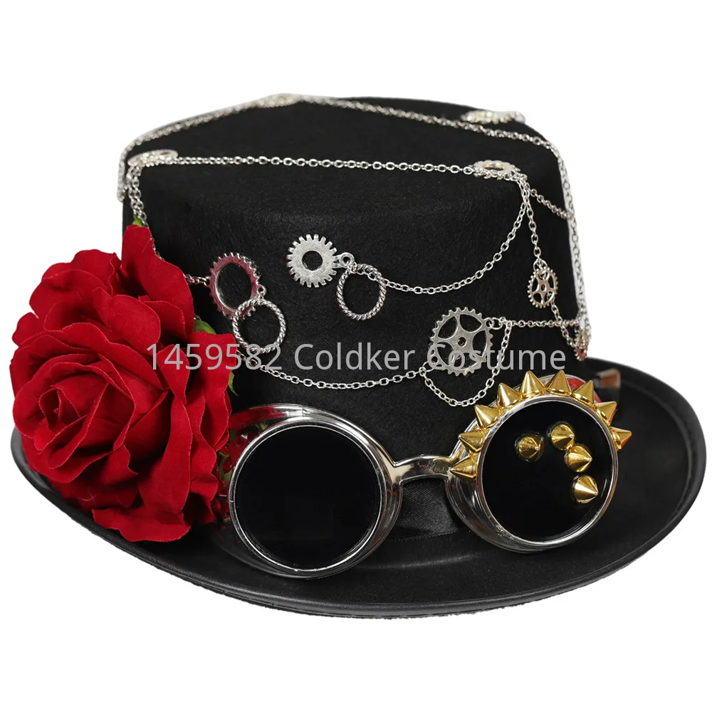 Unisex Retro Style Steampunk Top Hat Metal  Rose Gothic Rivet Wide Brim Head Wear Gears for Jazz Cosplay Halloween Fancy Dress