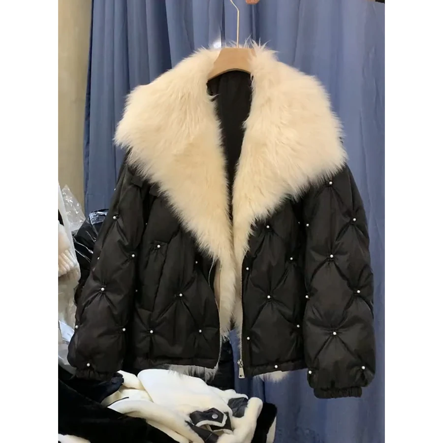 

MENINA BONITA 2023 Winter White Goose Down Jacket Real Fur Coat Natural Fox Fur Collar Loose Luxury Women Overcoat New Fashion