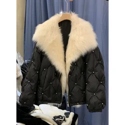 MENINA BONITA 2023 Winter White Goose Down Jacket Real Fur Coat Natural Fox Fur Collar Loose Luxury Women Overcoat New Fashion