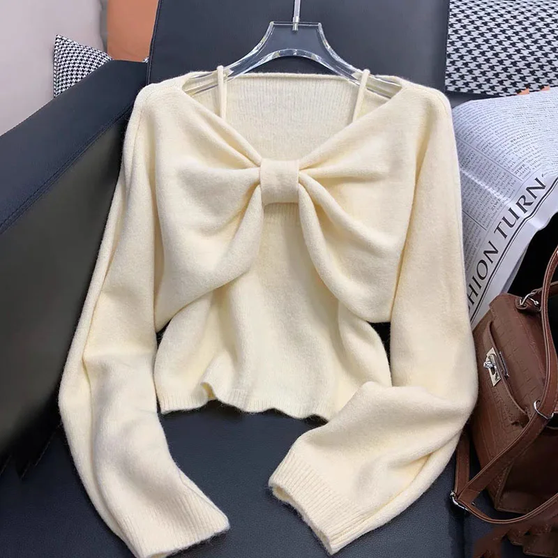 Korean Fashion Bow Sweater Pullovers Women Autumn Soft Solid Knitwear Tops Female Long Sleeve Casual Knit Tops Women