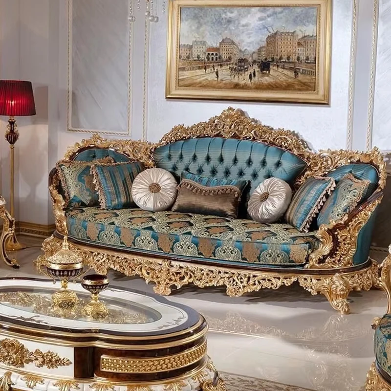 !@Retro Full Gold Leaf Sectional Luxury High End Silk Fabric Royal Villa Living Room Arm Chair and Sofa