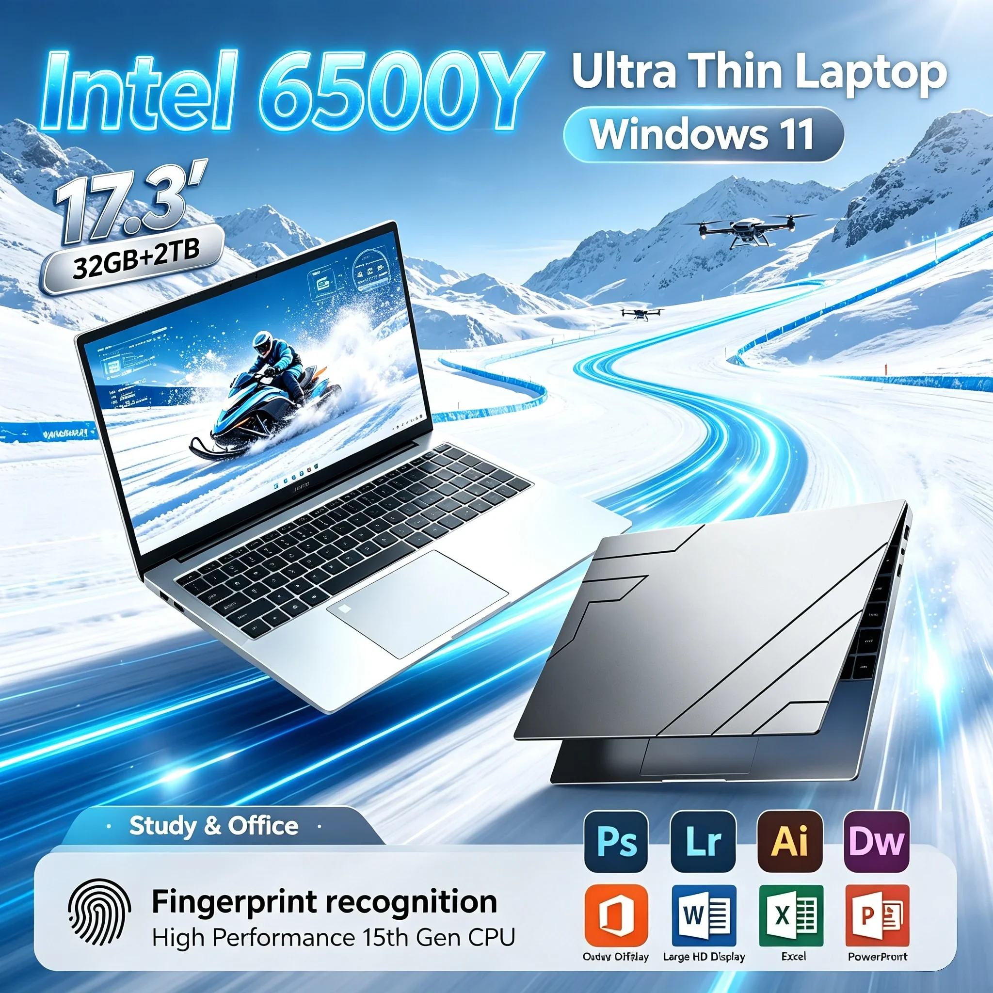 New 17.3 Inch Big Screen Business Notebook Intel 6500Y 32GB RAM Optional 1TB 2TB SSD Win11 WiFi6 BT5.2 Portable Study Laptop PC