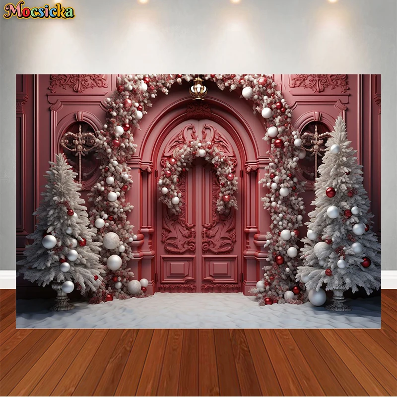 

Christmas Photography Background Decor Pink Door Snow Xmas Tree Family Portraits Photoshoot Backdrop Props Custom Studio