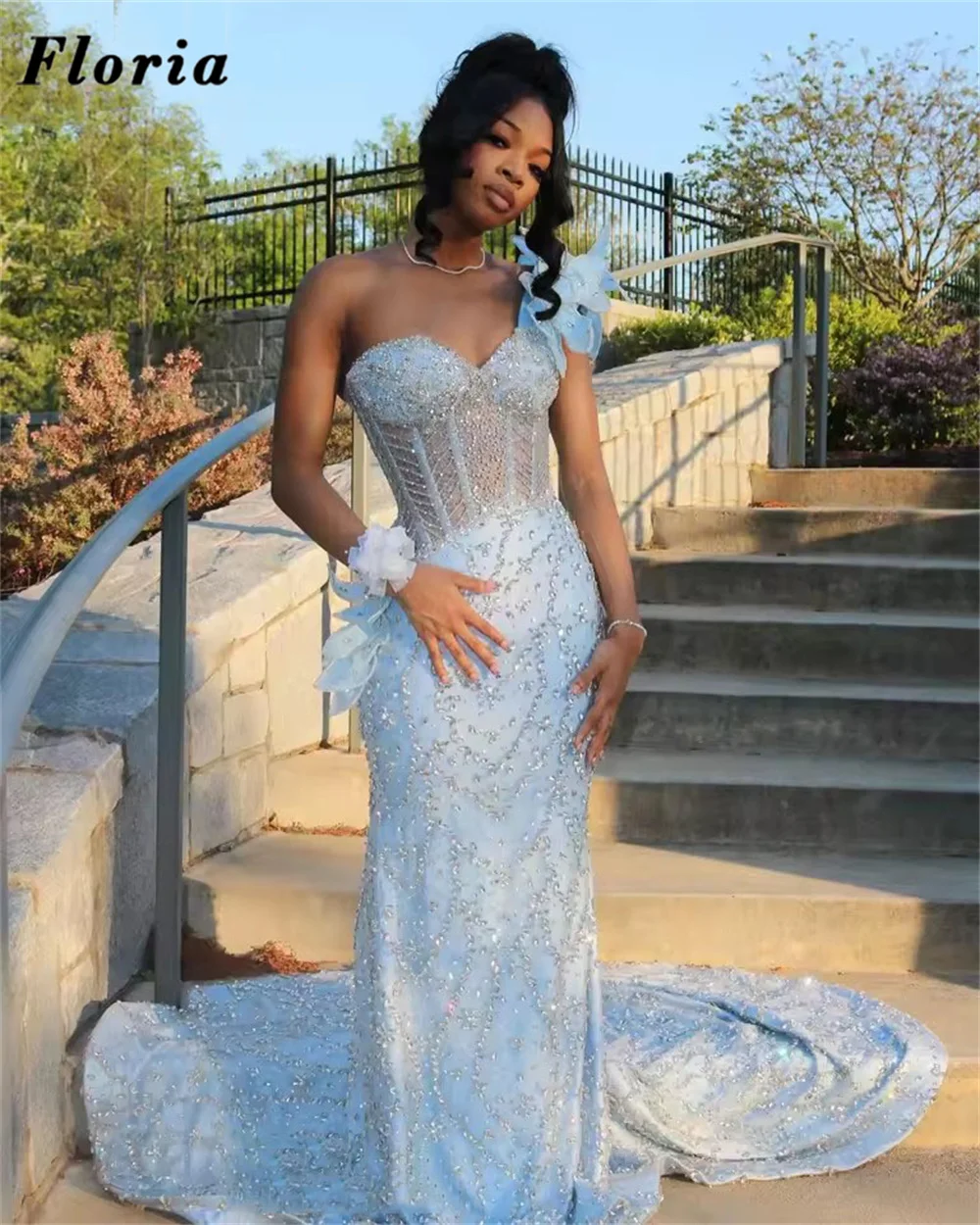 

African Sky Blue Mermaid Evening Dresses Aso Ebi Beading Wedding Party Gowns Black Girls Prom Dress Vestidos De Gala Customized