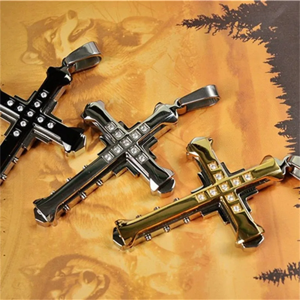 رجل مثلج خارج كريستال الصليب يسوع قلادة قلادة أسود/أزرق زركونيا الشرير الخيزران سلسلة مطلي مجوهرات الدينية هدايا للرجال #1