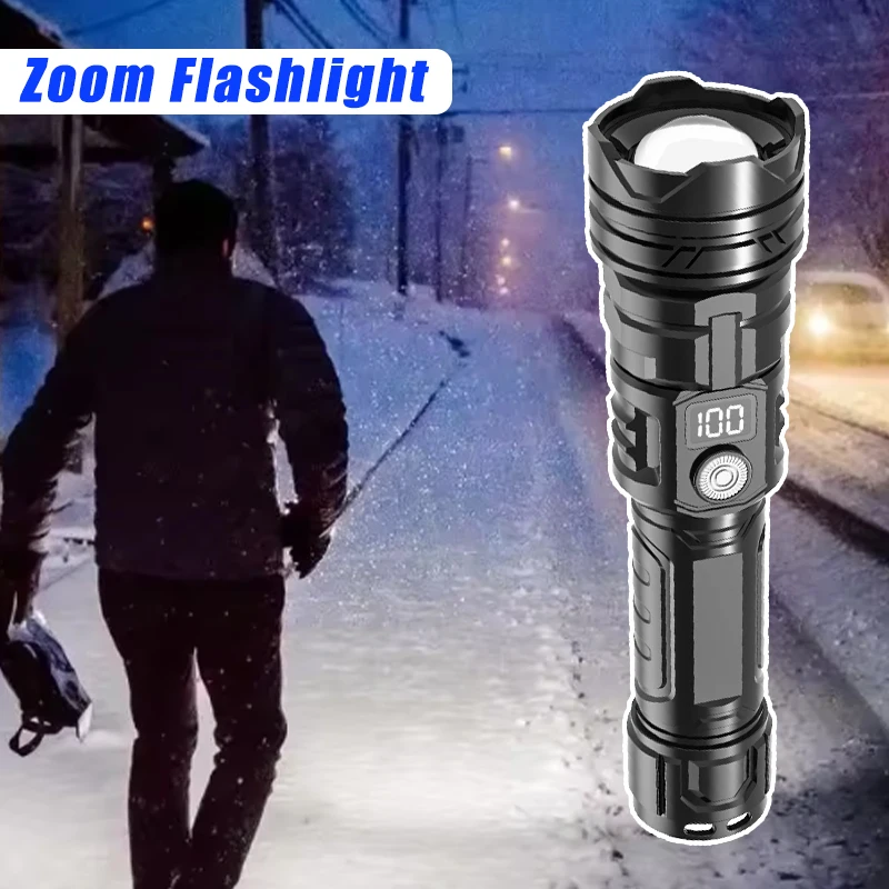 

High Power LED Flashlight USB Rechargeable Torch with Display Zoomable Light with Battery Camping Hiking Lantern Emergency Lamp